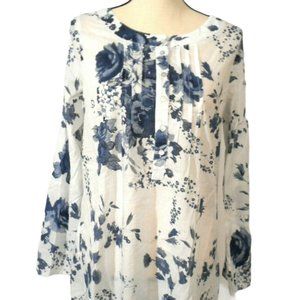 Soft Surroundings Womens sz S Floral Blouse Top Tunic White Blue MSRP $89.95 NEW
